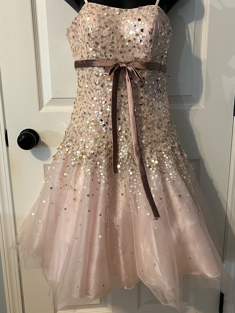 Tony Bowls Blush Sequin Tulle Party Dress with Satin Ribbon